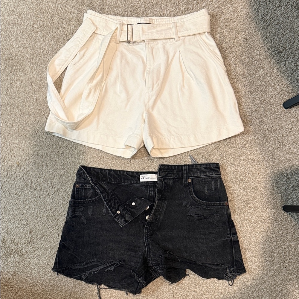 ZARA Cream Paperbag Belted Shorts & Black Distressed Denim Shorts